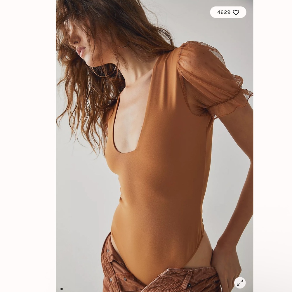 Intimately Free People Bare & Square Bodysuit Sheer Polka Dot Sleeves Ivory NWT